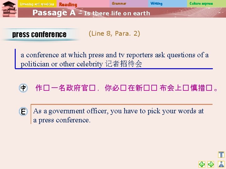 Listening and speaking Reading Passage A press conference Grammar Writing Culture express – Is