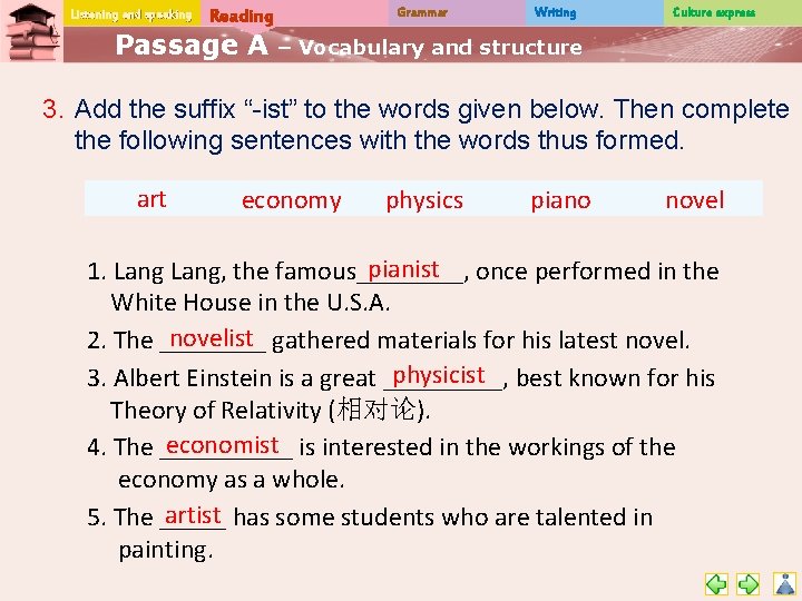 Listening and speaking Reading Passage A Grammar Writing Culture express – Vocabulary and structure