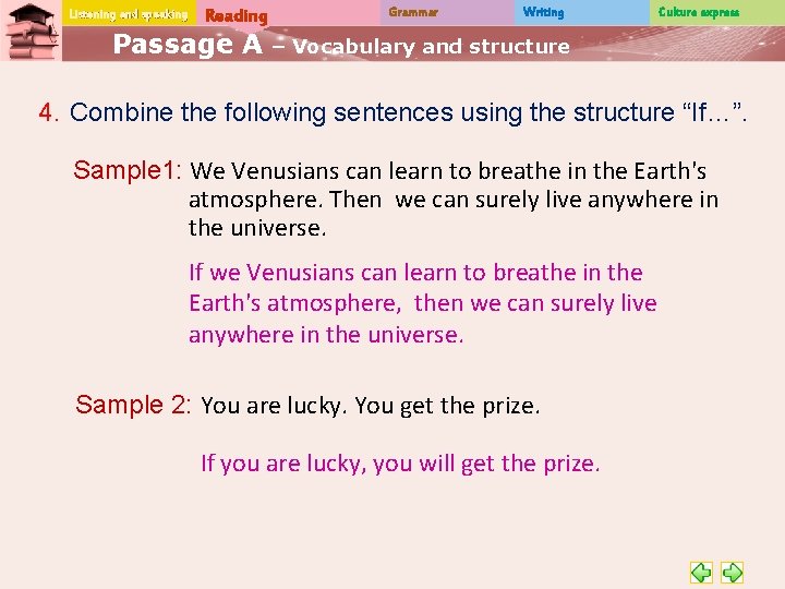 Listening and speaking Reading Passage A Grammar Writing Culture express – Vocabulary and structure