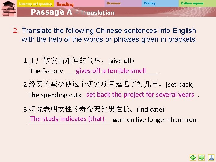 Listening and speaking Reading Passage A Grammar Writing Culture express – Translation 2. Translate