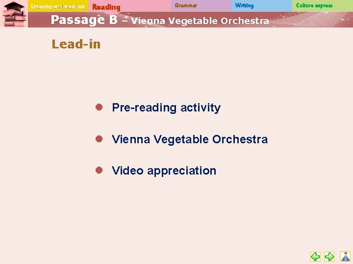 Listening and speaking Reading Passage B Grammar Writing – Vienna Vegetable Orchestra Lead-in l
