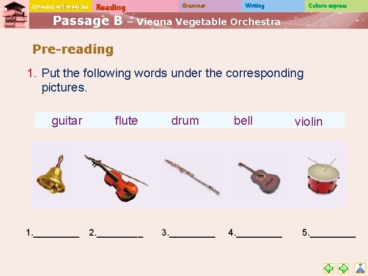 Listening and speaking Reading Passage B Grammar Writing Culture express – Vienna Vegetable Orchestra