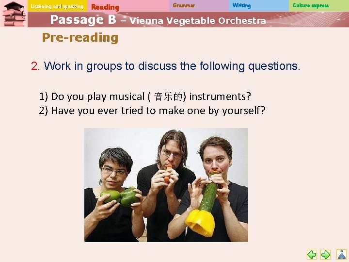 Listening and speaking Reading Passage B Grammar Writing Culture express – Vienna Vegetable Orchestra