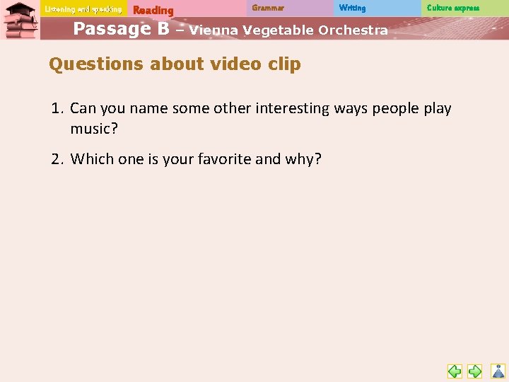 Listening and speaking Reading Passage B Grammar Writing Culture express – Vienna Vegetable Orchestra