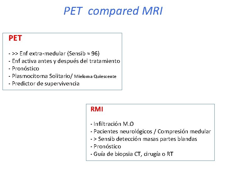 PET compared MRI PET - >> Enf extra-medular (Sensib ≈ 96) - Enf activa