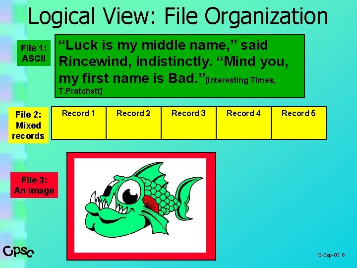 Logical View: File Organization File 1: ASCII “Luck is my middle name, ” said