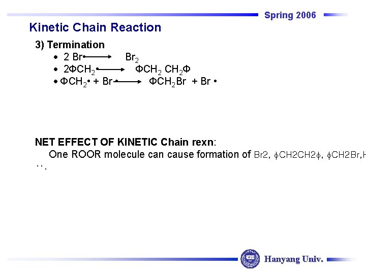 Spring 2006 Kinetic Chain Reaction 3) Termination 2 Br • Br 2 2 ФCH Spring 2006 Kinetic Chain Reaction 3) Termination 2 Br • Br 2 2 ФCH
