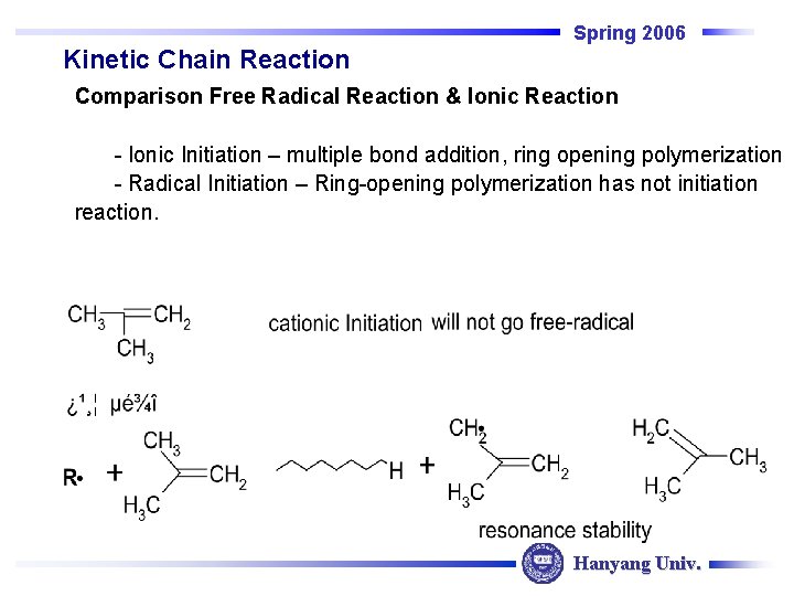 Spring 2006 Kinetic Chain Reaction Comparison Free Radical Reaction & Ionic Reaction - Ionic Spring 2006 Kinetic Chain Reaction Comparison Free Radical Reaction & Ionic Reaction - Ionic