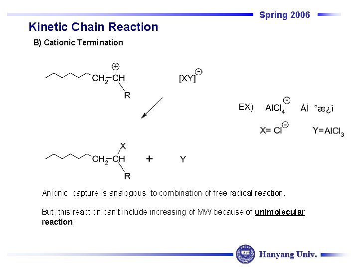 Spring 2006 Kinetic Chain Reaction B) Cationic Termination Anionic capture is analogous to combination Spring 2006 Kinetic Chain Reaction B) Cationic Termination Anionic capture is analogous to combination