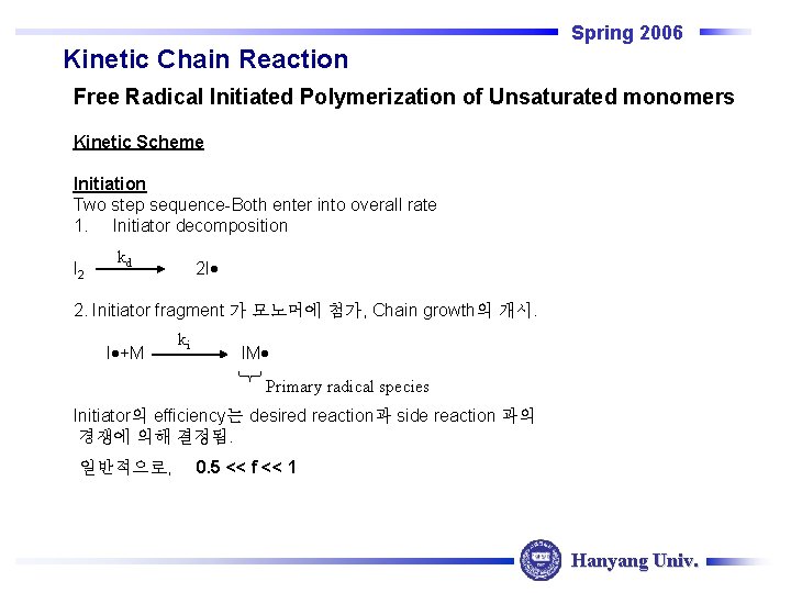 Spring 2006 Kinetic Chain Reaction Free Radical Initiated Polymerization of Unsaturated monomers Kinetic Scheme Spring 2006 Kinetic Chain Reaction Free Radical Initiated Polymerization of Unsaturated monomers Kinetic Scheme