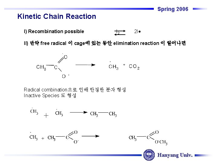 Spring 2006 Kinetic Chain Reaction I) Recombination possible I 2 2 I II) 만약 Spring 2006 Kinetic Chain Reaction I) Recombination possible I 2 2 I II) 만약
