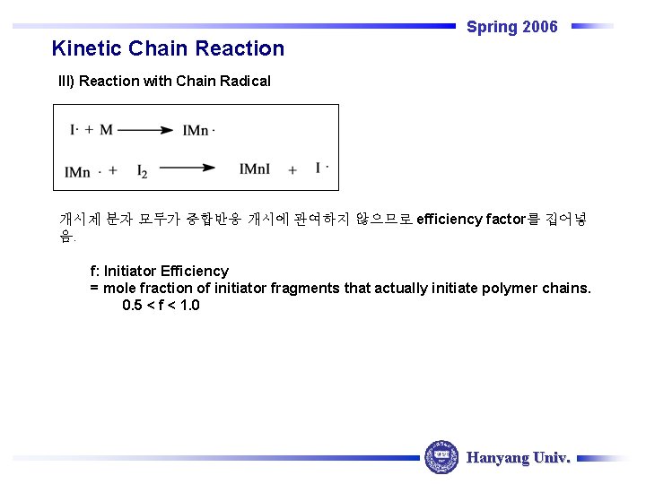 Spring 2006 Kinetic Chain Reaction III) Reaction with Chain Radical 개시제 분자 모두가 중합반응 Spring 2006 Kinetic Chain Reaction III) Reaction with Chain Radical 개시제 분자 모두가 중합반응