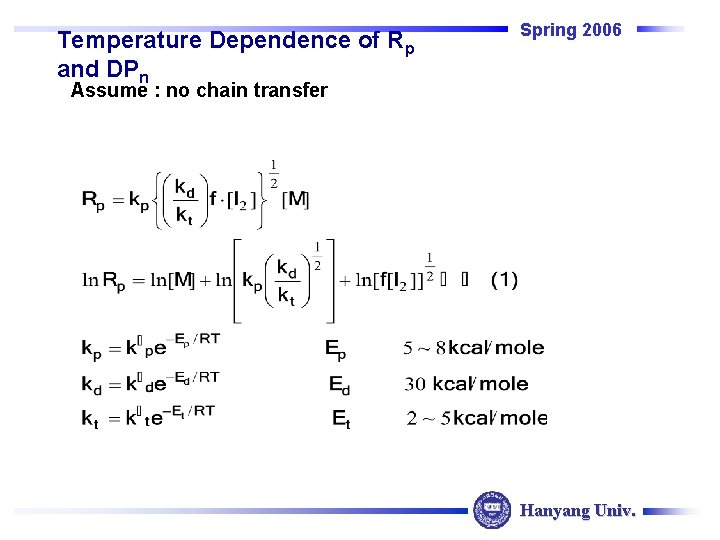 Temperature Dependence of Rp and DPn Spring 2006 Assume : no chain transfer Hanyang Temperature Dependence of Rp and DPn Spring 2006 Assume : no chain transfer Hanyang