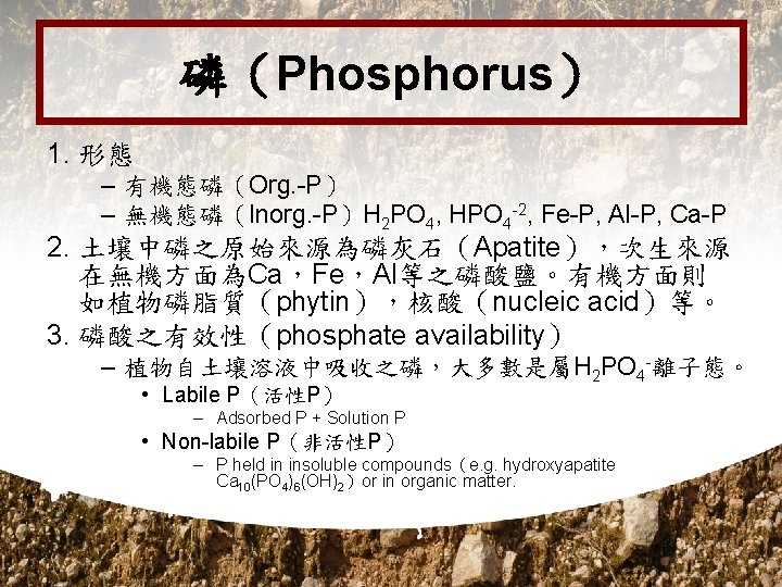 磷（Phosphorus） 1. 形態 – 有機態磷（Org. -P） – 無機態磷（Inorg. -P）H 2 PO 4, HPO 4