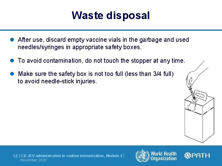 Waste disposal After use, discard empty vaccine vials in the garbage and used needles/syringes