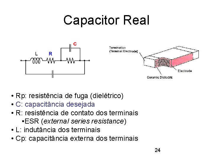 Capacitor Real • Rp: resistência de fuga (dielétrico) • C: capacitância desejada • R: