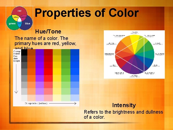 Properties of Color Hue/Tone The name of a color. The primary hues are red,