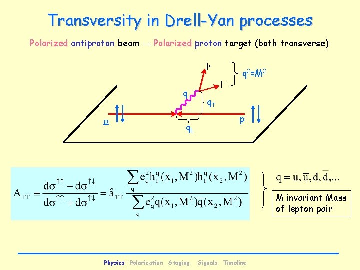 Transversity in Drell-Yan processes Polarized antiproton beam → Polarized proton target (both transverse) l+