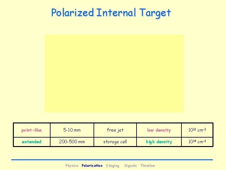 Polarized Internal Target point-like 5 -10 mm free jet low density 1012 cm-2 extended