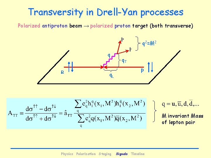 Transversity in Drell-Yan processes Polarized antiproton beam → polarized proton target (both transverse) l+