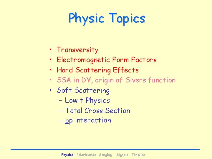 Physic Topics • • • Transversity Electromagnetic Form Factors Hard Scattering Effects SSA in