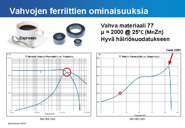 Vahvojen ferriittien ominaisuuksia Vahva materiaali 77 μ = 2000 @ 25°C (Mn. Zn) Hyvä