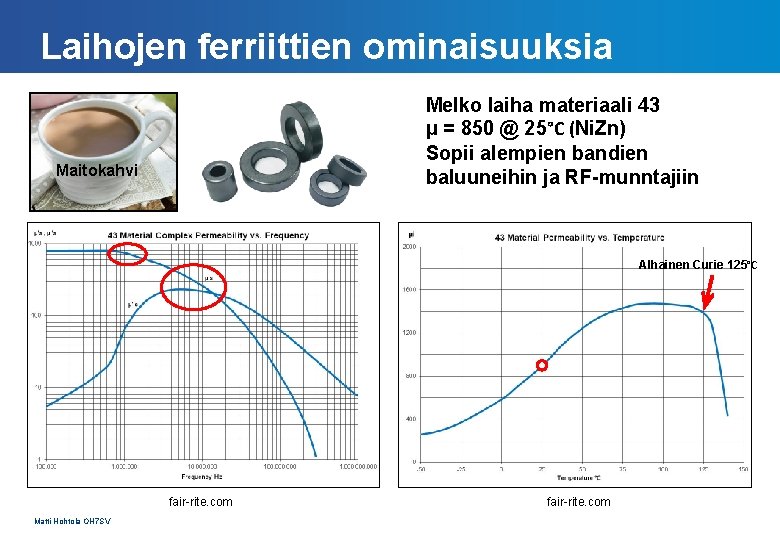 Laihojen ferriittien ominaisuuksia Melko laiha materiaali 43 μ = 850 @ 25°C (Ni. Zn)