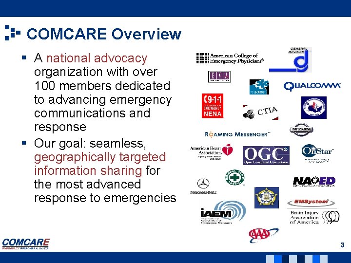 COMCARE Overview § A national advocacy organization with over 100 members dedicated to advancing