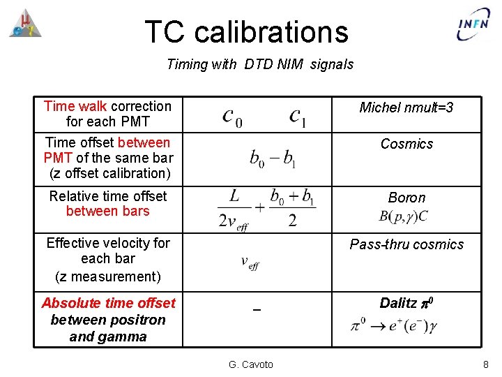 TC calibrations Timing with DTD NIM signals Time walk correction for each PMT Michel