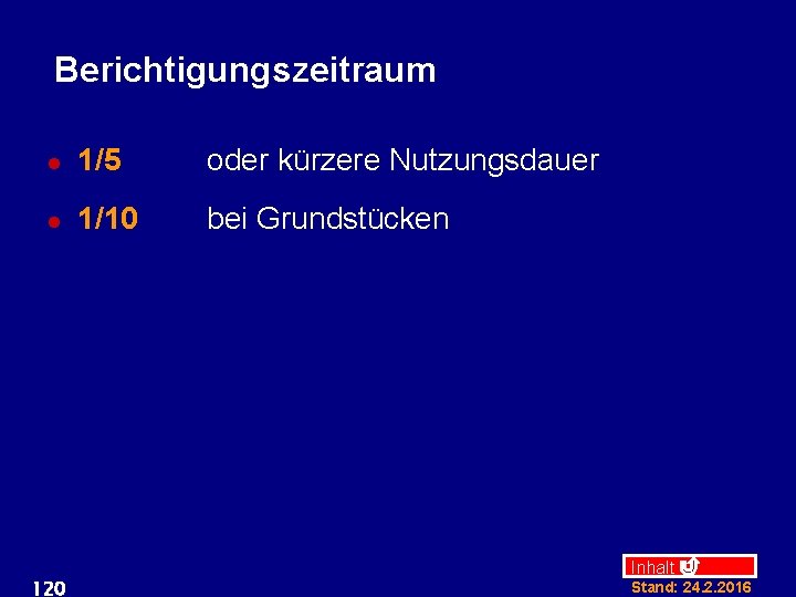 Berichtigungszeitraum l 1/5 oder kürzere Nutzungsdauer l 1/10 bei Grundstücken 120 Inhalt Stand: 24.