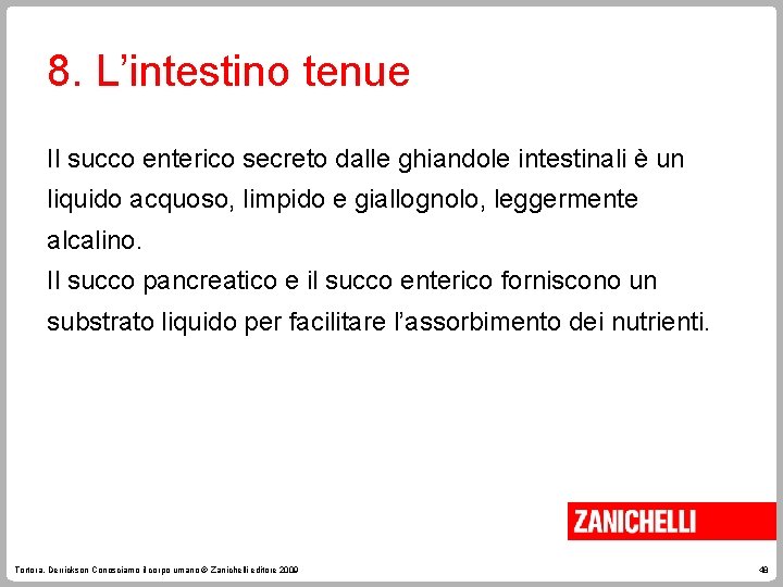 8. L’intestino tenue Il succo enterico secreto dalle ghiandole intestinali è un liquido acquoso,