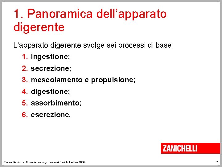 1. Panoramica dell’apparato digerente L’apparato digerente svolge sei processi di base 1. ingestione; 2.