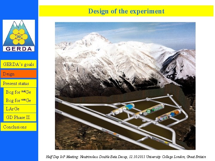 Design of the experiment GERDA’s goals Deign Present status Bcg for nat. Ge Bcg