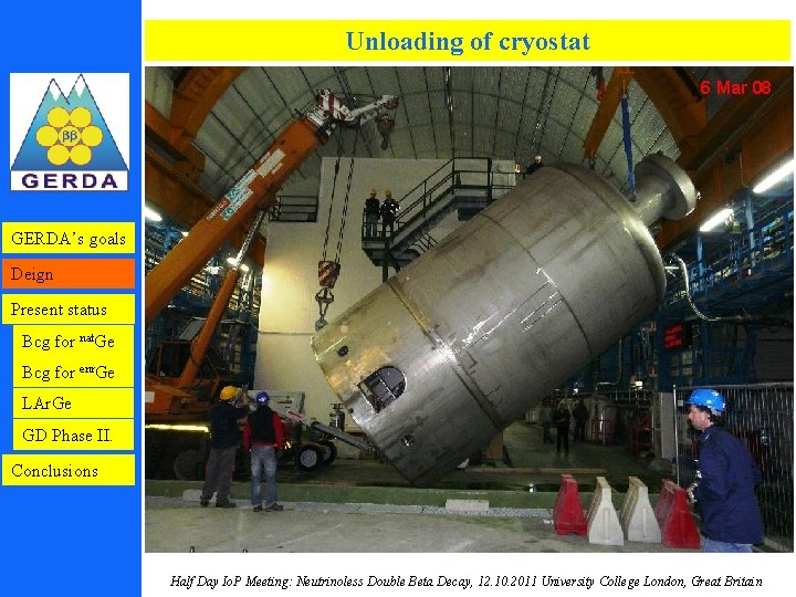 Unloading of cryostat 6 Mar 08 GERDA’s goals Deign Present status Bcg for nat.