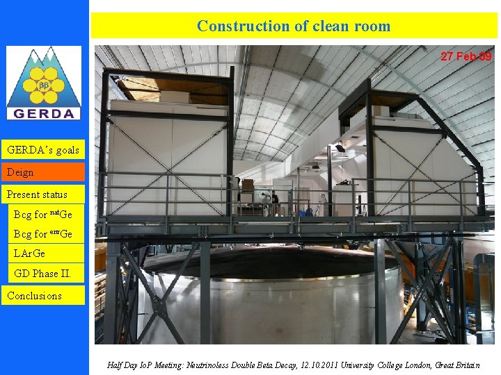 Construction of clean room 27 Feb 09 GERDA’s goals Deign Present status Bcg for