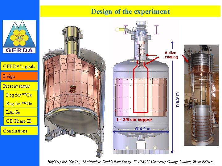 Design of the experiment Active cooling GERDA’s goals Deign Present status h 8. 9