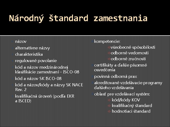 Národný štandard zamestnania • názov • alternatívne názvy • charakteristika • regulované povolanie •