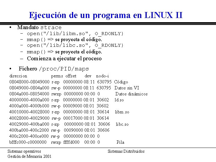 Ejecución de un programa en LINUX II • Mandato strace – – open("/libm. so",