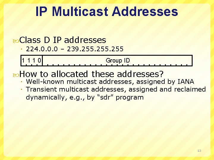 IP Multicast Addresses Class D IP addresses 224. 0. 0. 0 – 239. 255