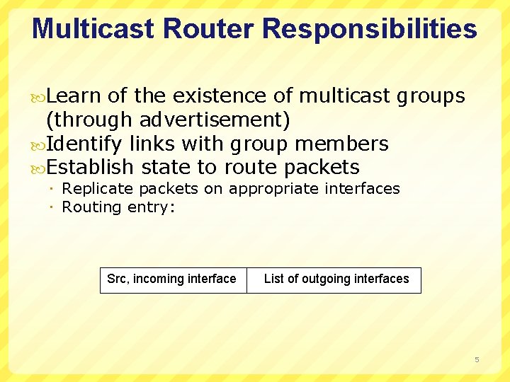 Multicast Router Responsibilities Learn of the existence of multicast groups (through advertisement) Identify links