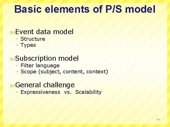 Basic elements of P/S model Event data Structure Types model Subscription model Filter language