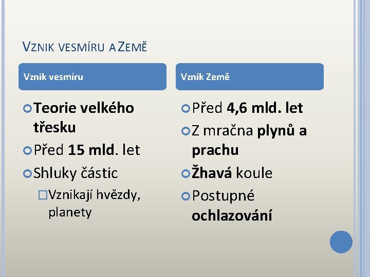 VZNIK VESMÍRU A ZEMĚ Vznik vesmíru Vznik Země Teorie Před velkého třesku Před 15