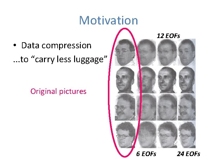 Motivation 12 EOFs • Data compression. . . to “carry less luggage” Original pictures