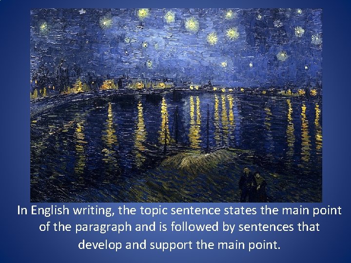 In English writing, the topic sentence states the main point of the paragraph and In English writing, the topic sentence states the main point of the paragraph and