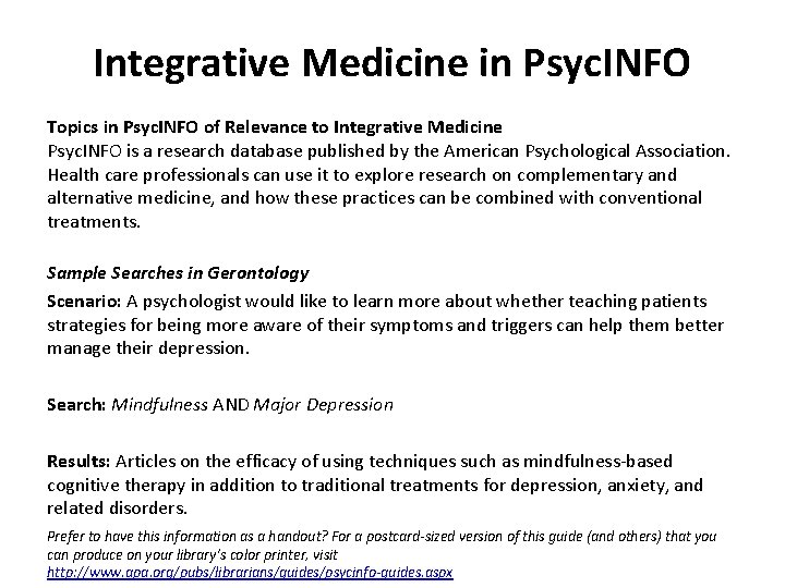 Integrative Medicine in Psyc. INFO Topics in Psyc. INFO of Relevance to Integrative Medicine