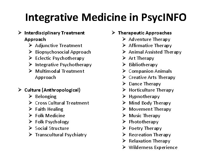 Integrative Medicine in Psyc. INFO Ø Interdisciplinary Treatment Approach Ø Adjunctive Treatment Ø Biopsychosocial