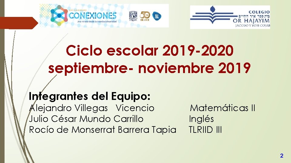 Ciclo escolar 2019 -2020 septiembre- noviembre 2019 Integrantes del Equipo: Alejandro Villegas Vicencio Julio