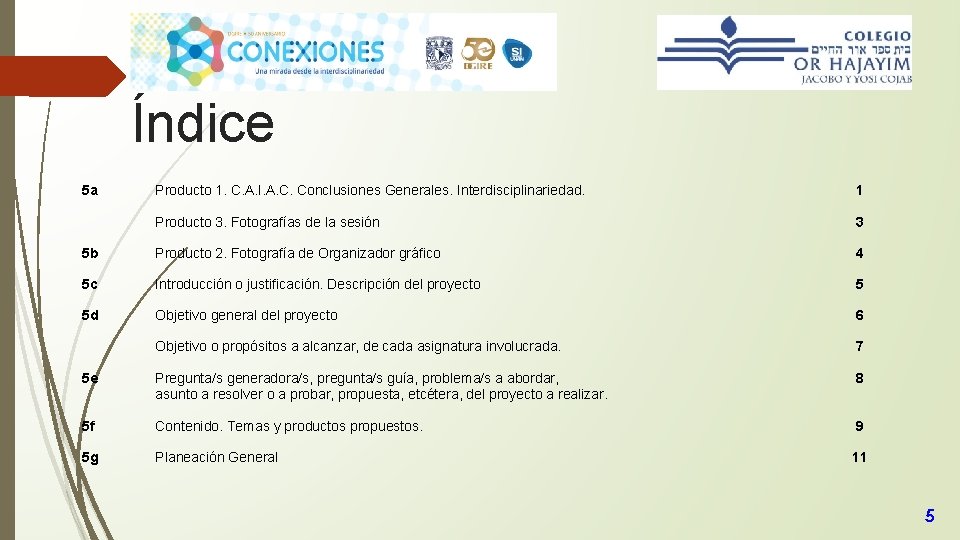 Índice 5 a Producto 1. C. A. I. A. C. Conclusiones Generales. Interdisciplinariedad. 1