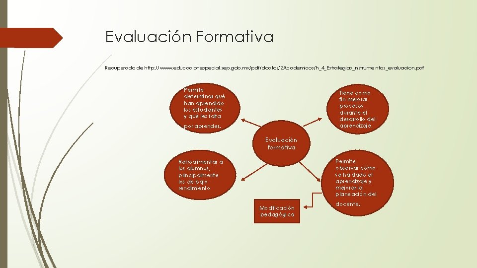Evaluación Formativa Recuperado de http: //www. educacionespecial. sep. gob. mx/pdf/doctos/2 Academicos/h_4_Estrategias_instrume ntos_evaluacion. pdf Permite