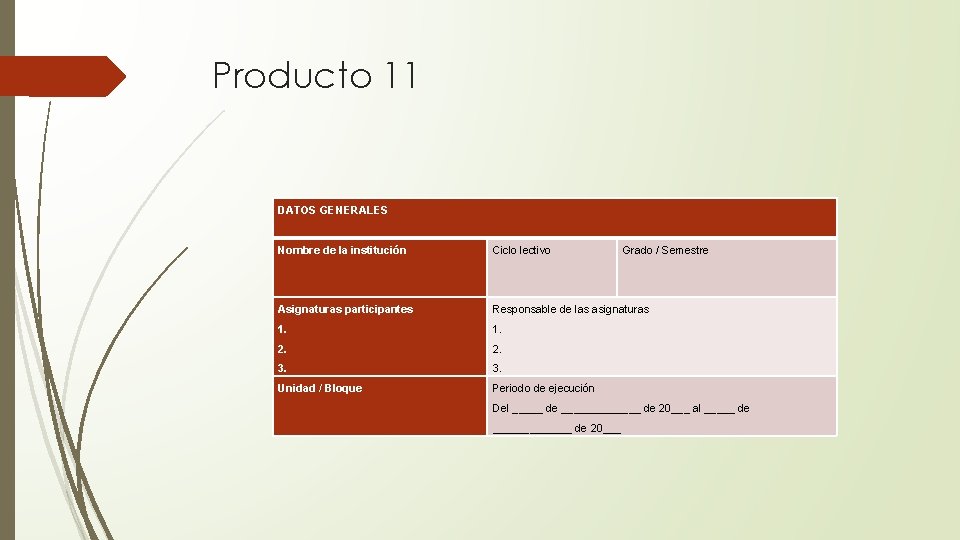 Producto 11 DATOS GENERALES Nombre de la institución Ciclo lectivo Grado / Semestre Asignaturas